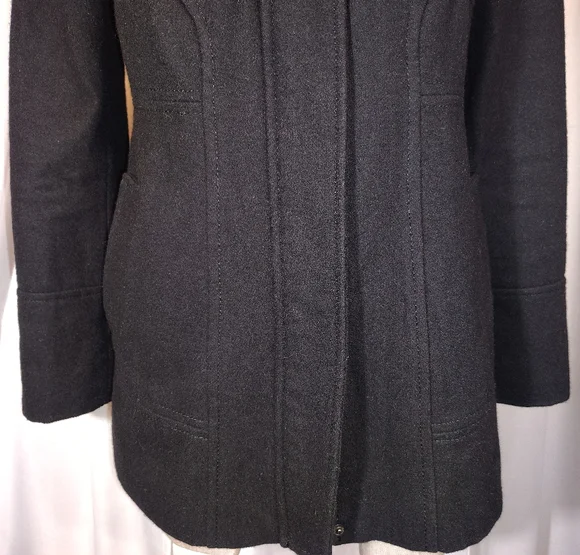 Guess Wool Pea Coat, Women Hooded, Black ButtonUp Pockets, Collar, Lining, S/M - Picture 8 of 15